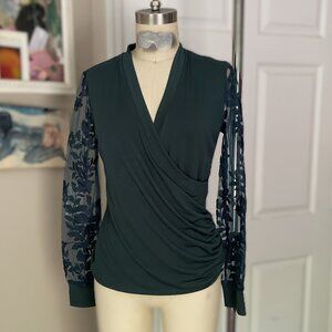 ADIVA Hunter Green mock-wrap Sheer floral sleeve Blouse Shirt *SMALL*  NWT